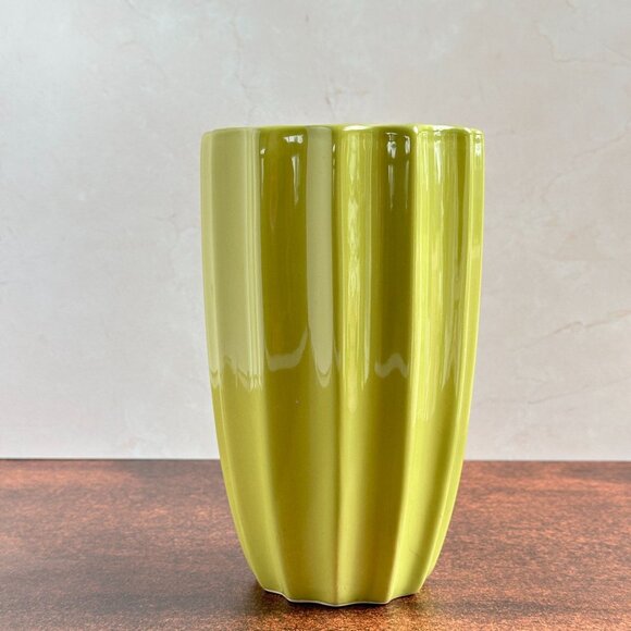 Vintage Green Ceramic Fluted Vase 7.5 Inch - Picture 2 of 5